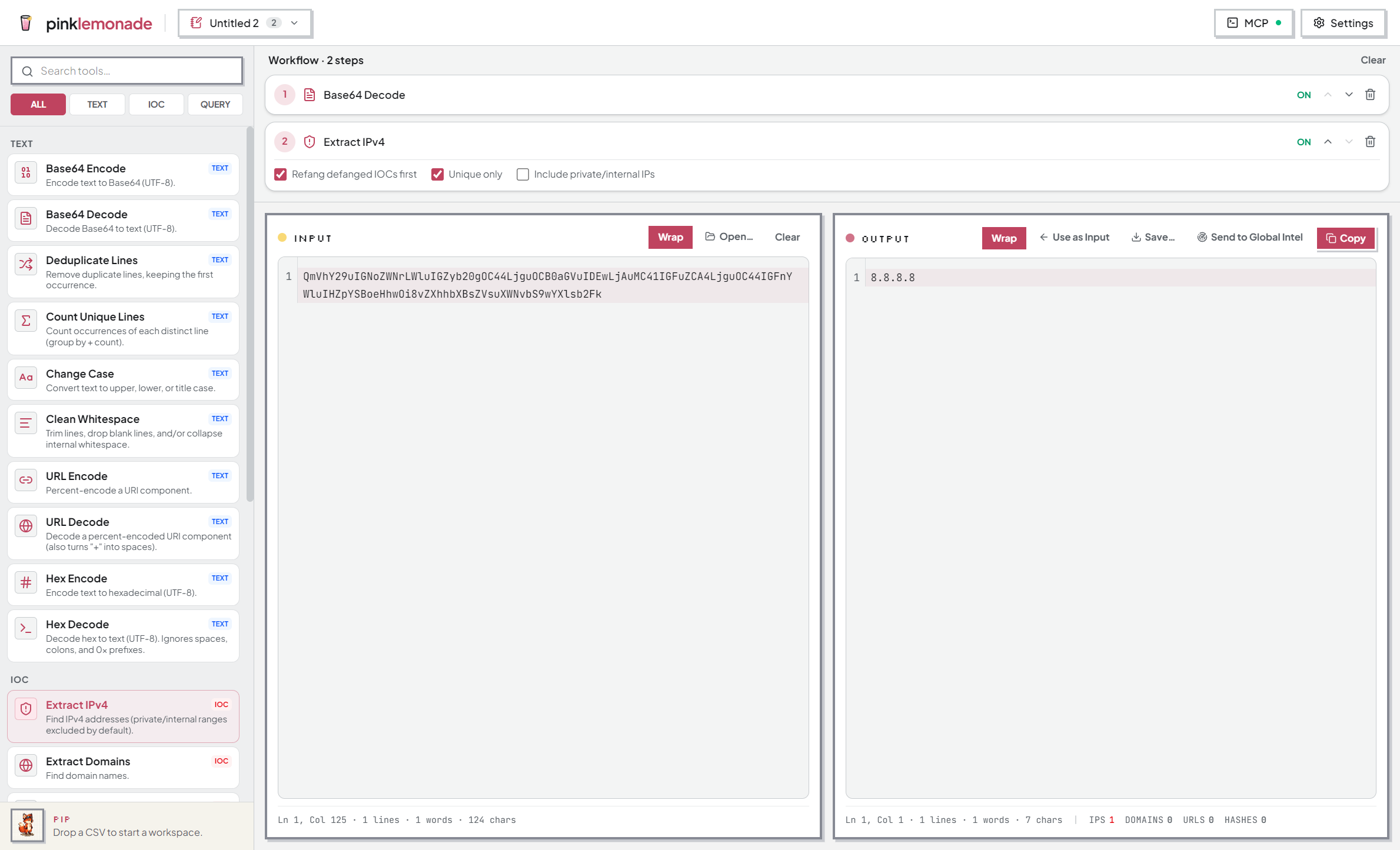 Chaining transforms: Base64 Decode feeding Extract IPv4, with the tool palette and live output